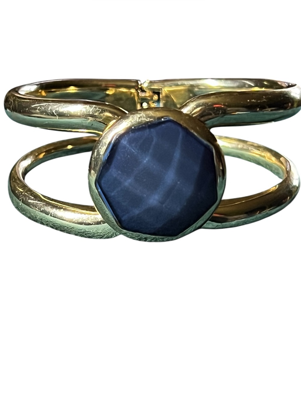 Gold-Tone Cuff Bracelet with Blue Faceted Stone